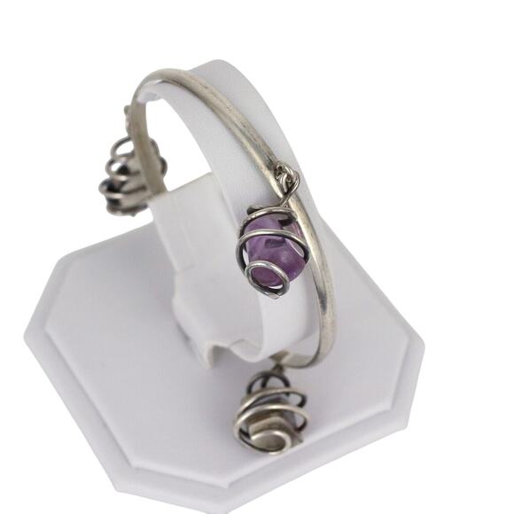 Purple Amethyst Agate Dangle Crystal Bangle | Vintage Sterling Silver 925 | 8.5" - Picture 5 of 13